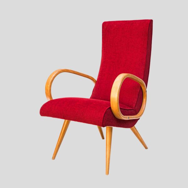 Pair of French 1950s Red upholstered armchairs by Stella Durera
