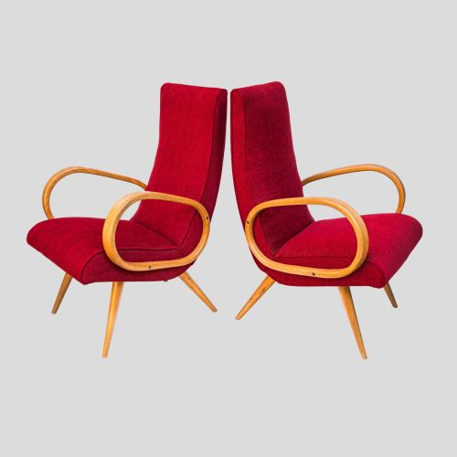 Pair of French 1950s Red upholstered armchairs by Stella Durera
