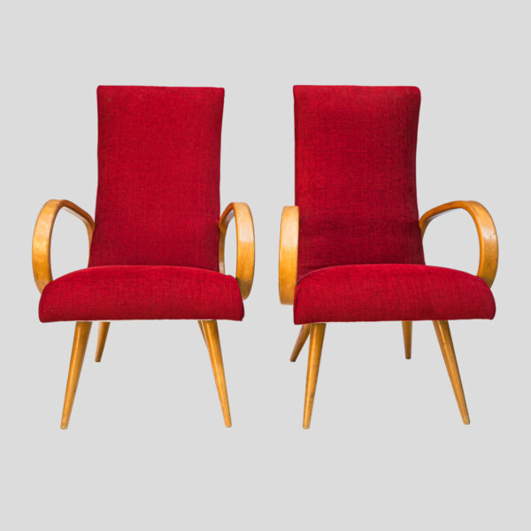 Pair of French 1950s Red upholstered armchairs by Stella Durera