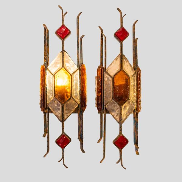 Pair of Hammered Glass on wrought Wall Lights By Longobard