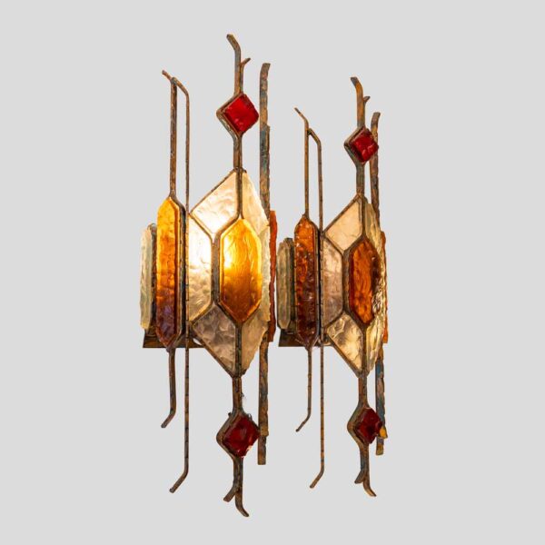Pair of Hammered Glass on wrought Wall Lights By Longobard