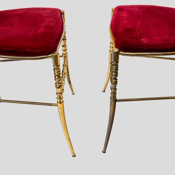 Red velvet upholstered brass metal chairs by Chiavari