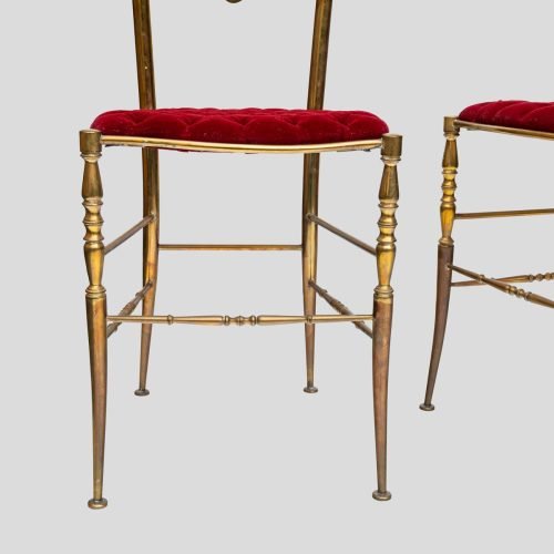 Red velvet upholstered brass metal high back chairs by Chiavari