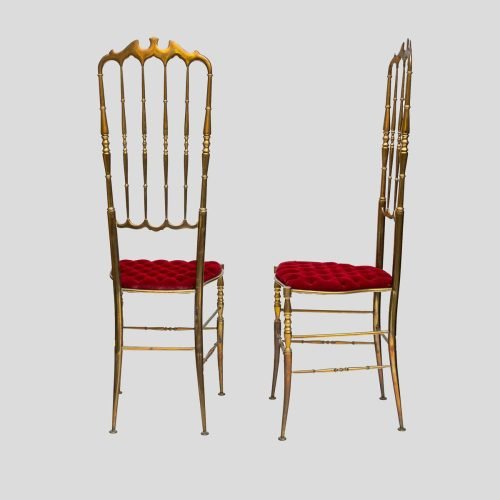 Red velvet upholstered brass metal high back chairs by Chiavari