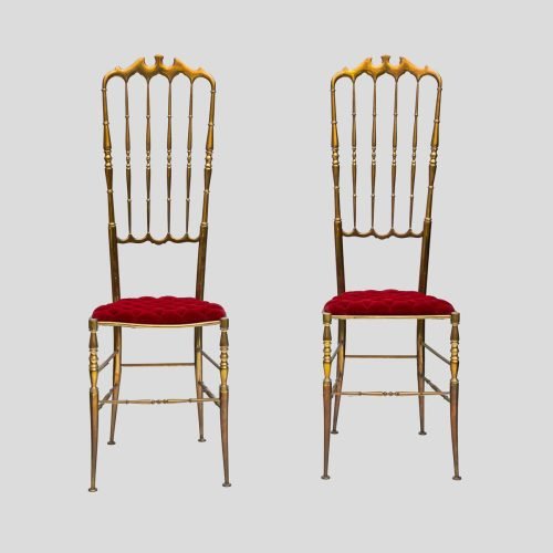 Red velvet upholstered brass metal high back chairs by Chiavari