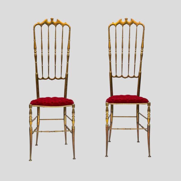 Red velvet upholstered brass metal high back chairs by Chiavari