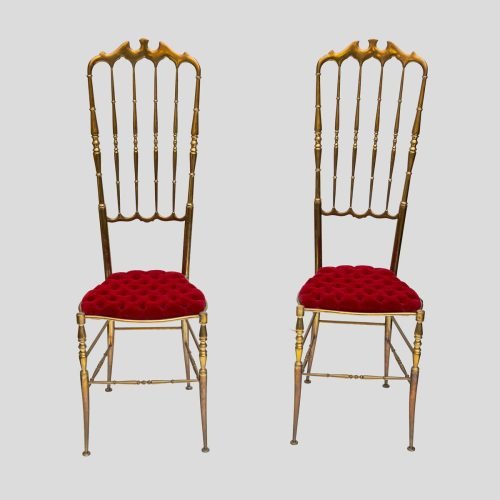 Red velvet upholstered brass metal high back chairs by Chiavari