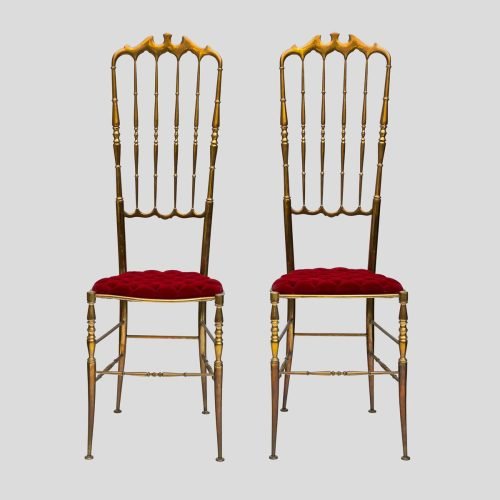 Red velvet upholstered brass metal high back chairs by Chiavari