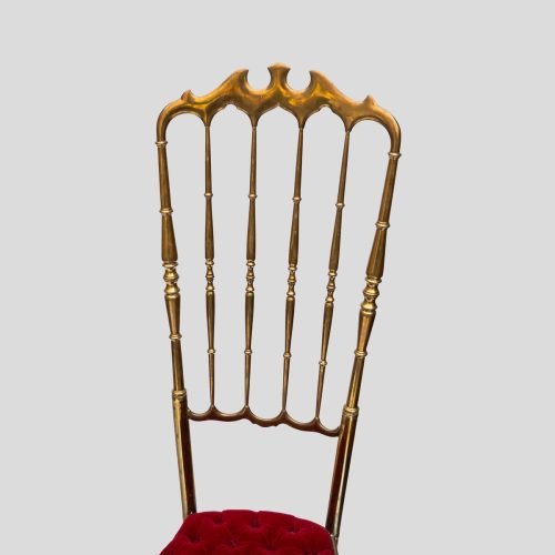 Red velvet upholstered brass metal high back chairs by Chiavari