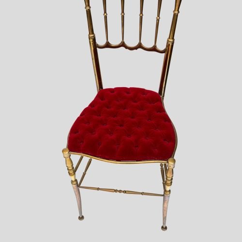 Red velvet upholstered brass metal high back chairs by Chiavari