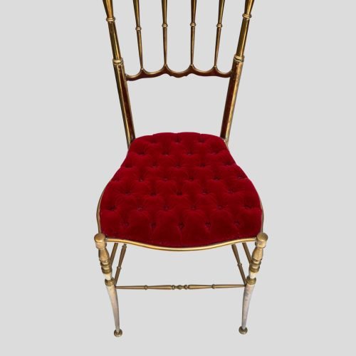 Red velvet upholstered brass metal high back chairs by Chiavari