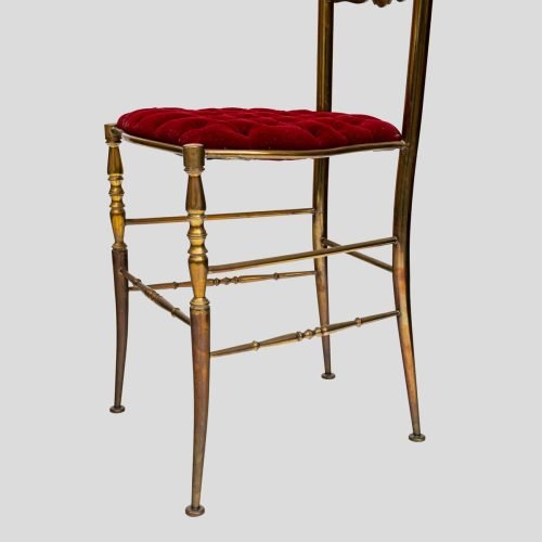 Red velvet upholstered brass metal high back chairs by Chiavari