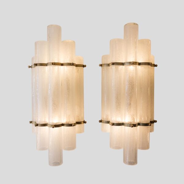 Pair of blown Murano glass tubes and brass wall lights