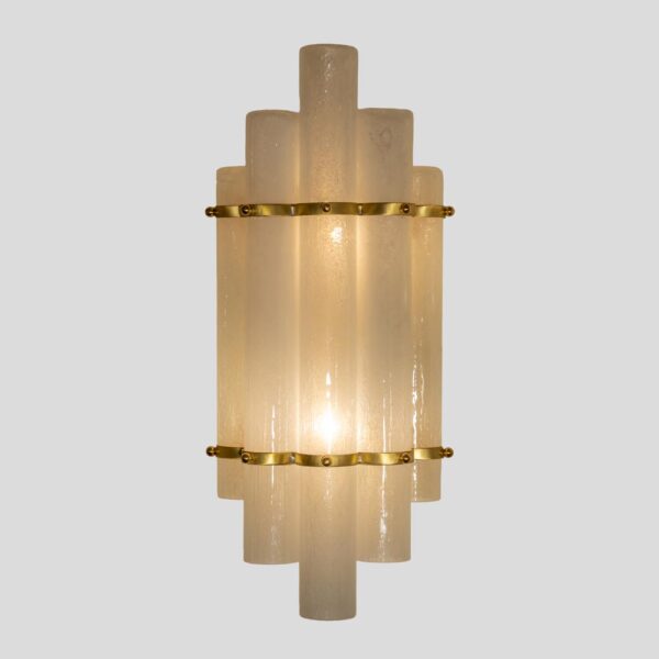 Pair of blown Murano glass tubes and brass wall lights