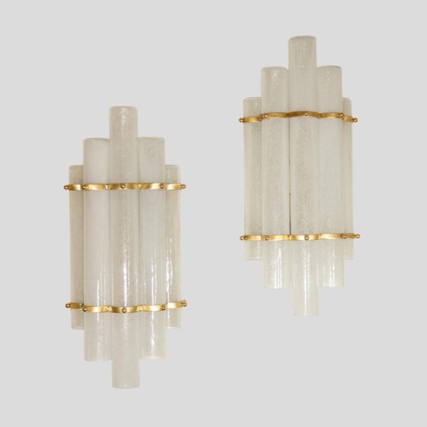 Pair of blown Murano glass tubes and brass wall lights