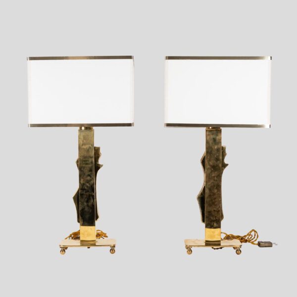 Pair vintage Italian design brass table lamps with solid figure decor