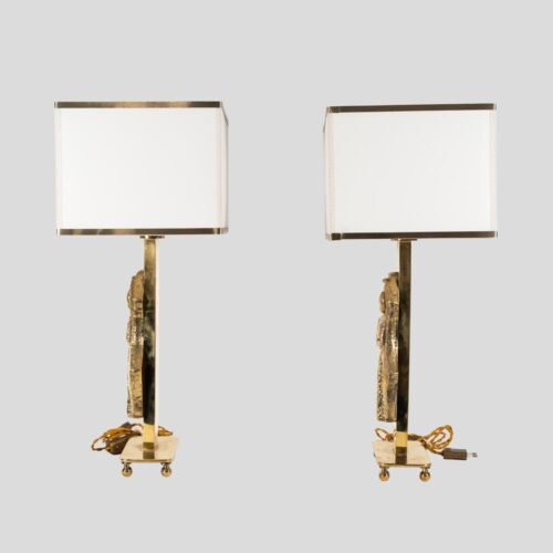 Pair vintage Italian design brass table lamps with solid figure decor
