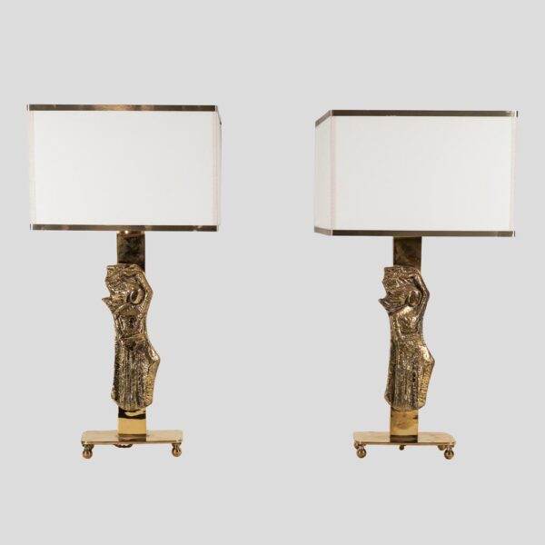 Pair vintage Italian design brass table lamps with solid figure decor
