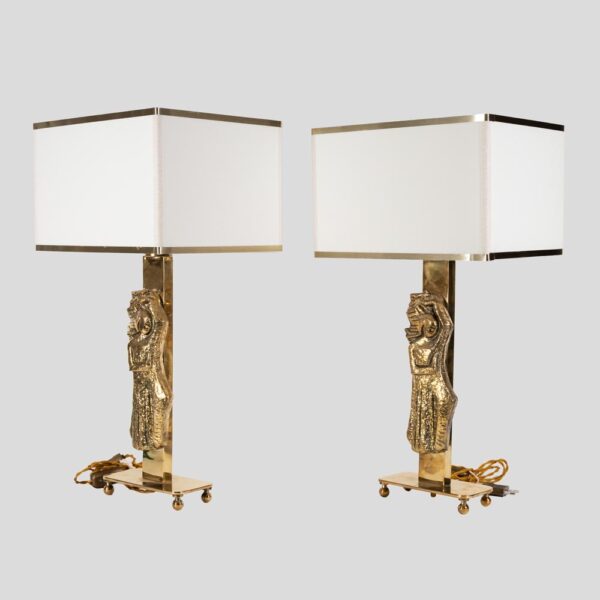 Pair vintage Italian design brass table lamps with solid figure decor