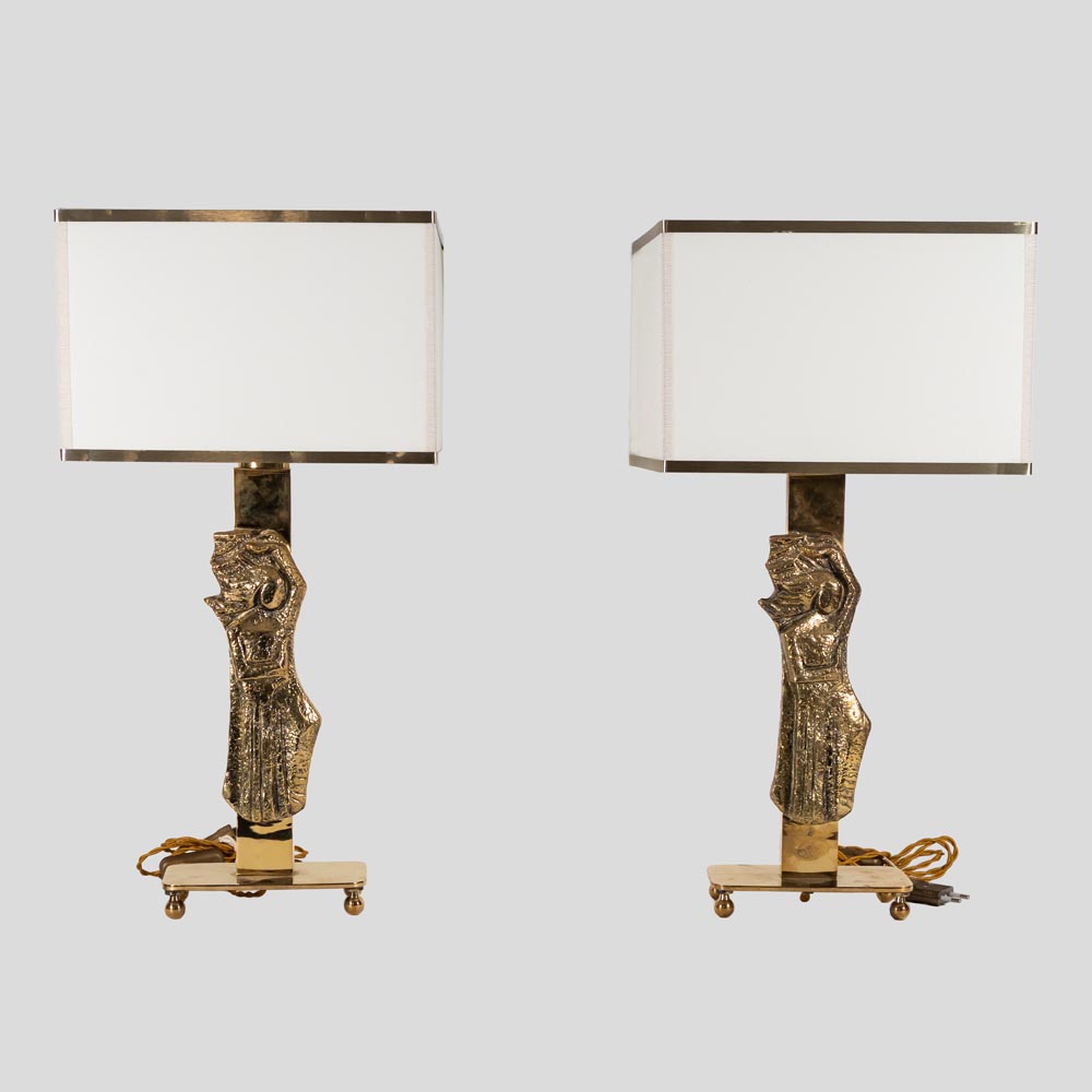 Pair vintage Italian design brass table lamps with solid figure decor-FM2401 (8)