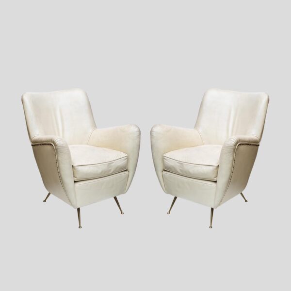 Pair of 1950s leather upholstered Italian design armchairs