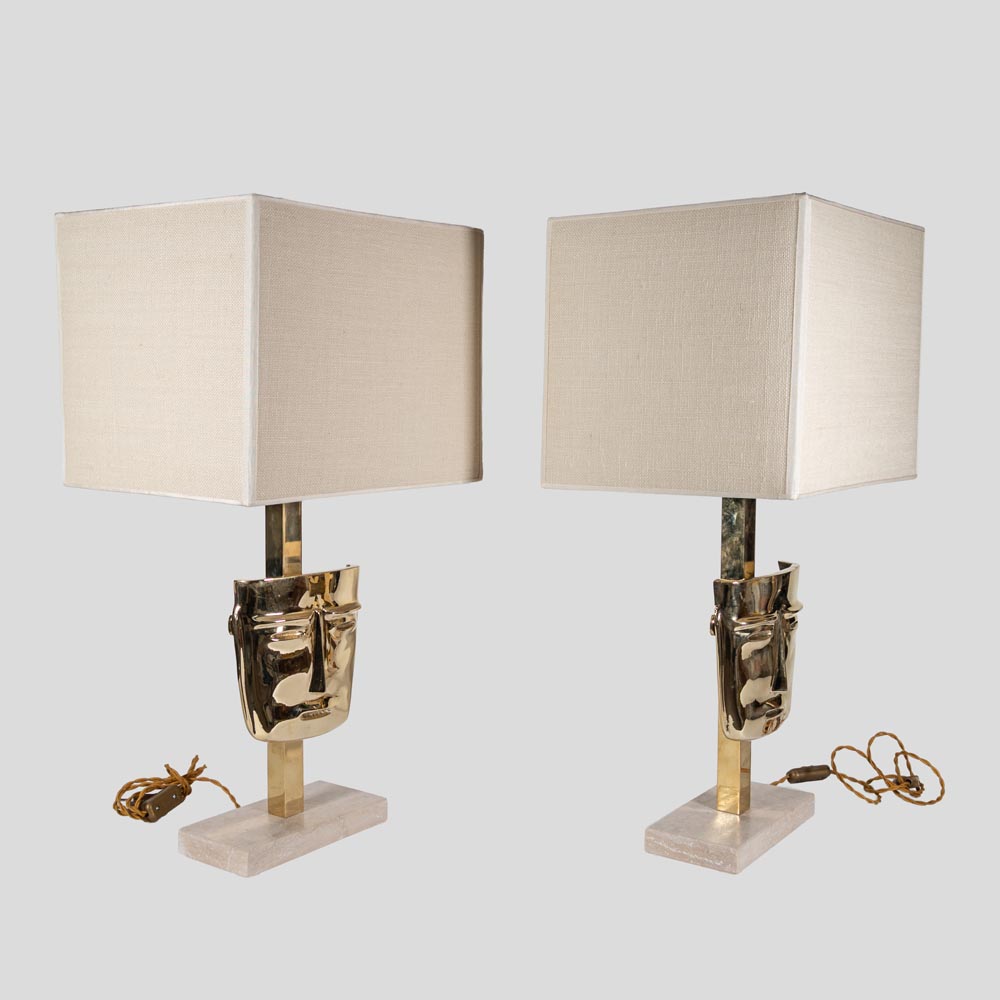 Pair of Italian design Mask Table Lamps cast Brass and Travertine Marble Base-FM2511 (11)