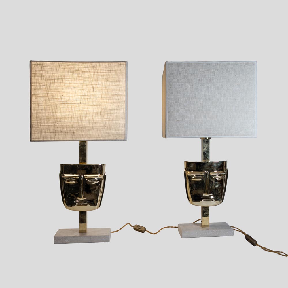 Pair of Italian design Mask Table Lamps cast Brass and Travertine Marble Base-FM2511 (12)