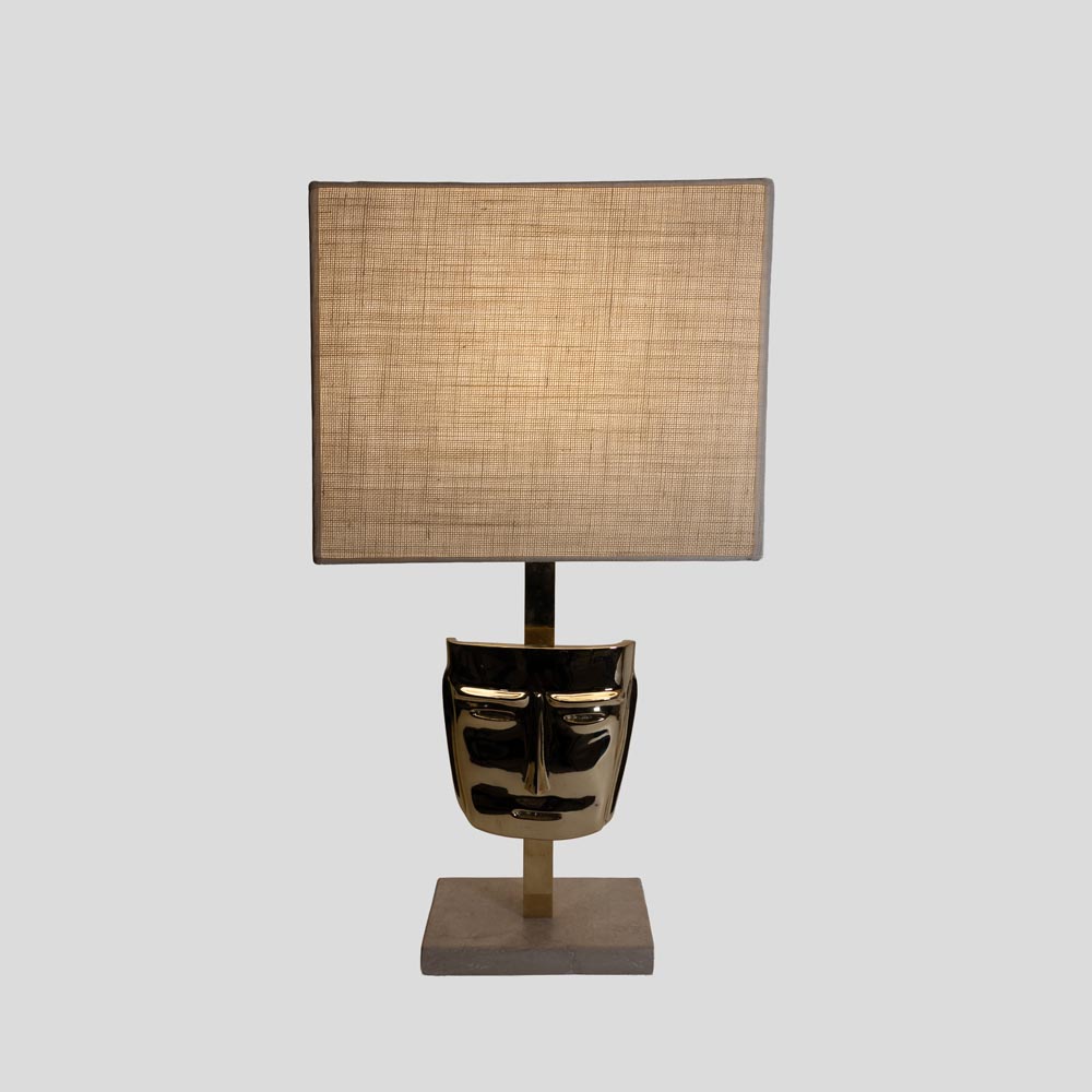 Pair of Italian design Mask Table Lamps cast Brass and Travertine Marble Base-FM2511 (13)