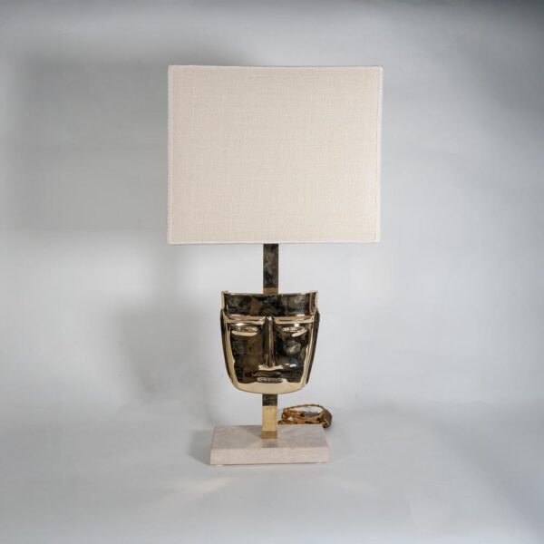 Pair of vintage brass sculpture face mask table lamps