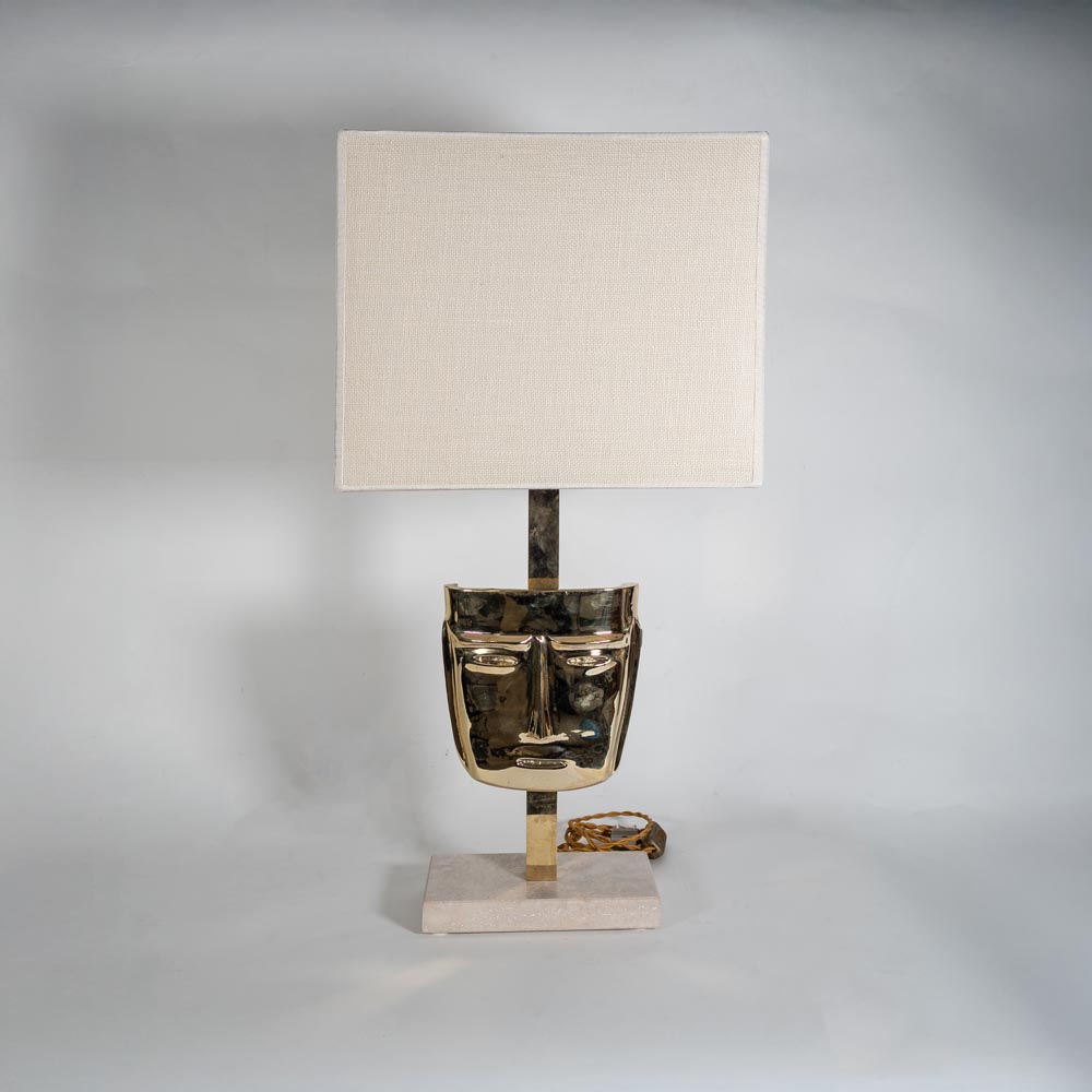 Pair of Italian design Mask Table Lamps cast Brass and Travertine Marble Base-FM2511 (14)