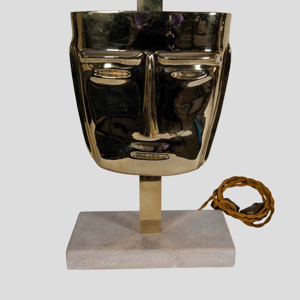 Pair of Italian design Mask Table Lamps cast Brass and Travertine Marble Base-FM2511 (6)