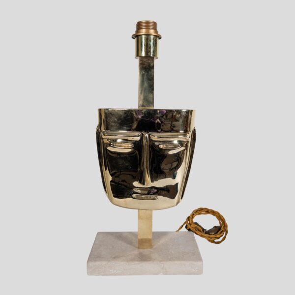 Pair of vintage brass sculpture face mask table lamps