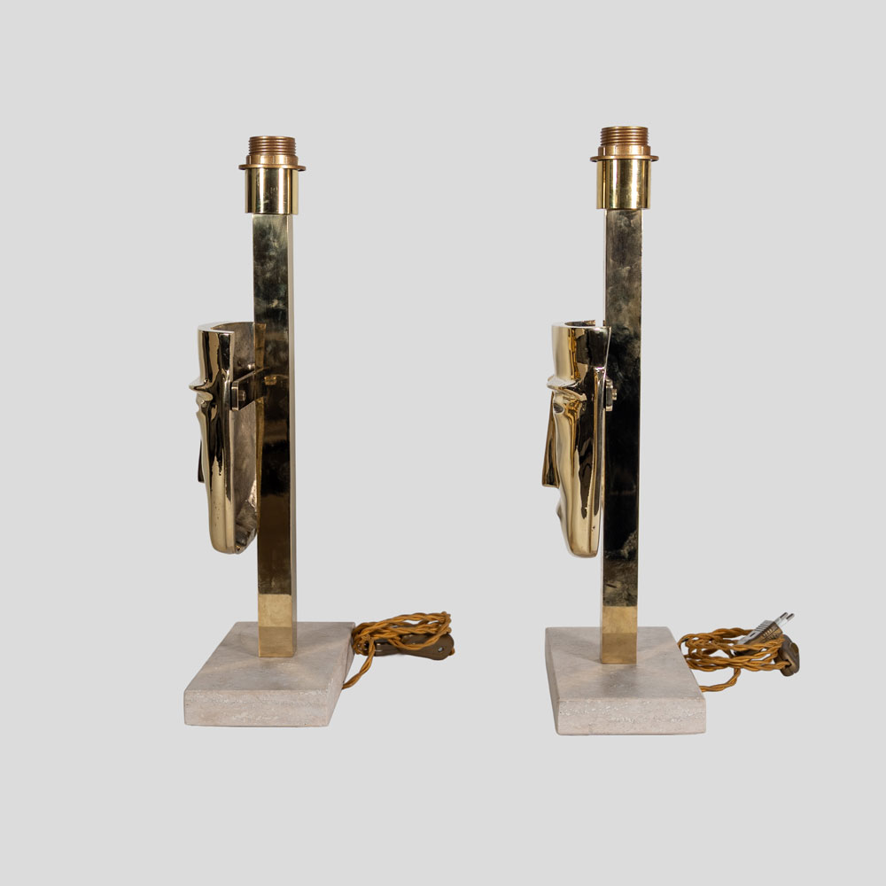 Pair of Italian design Mask Table Lamps cast Brass and Travertine Marble Base-FM2511 (8)