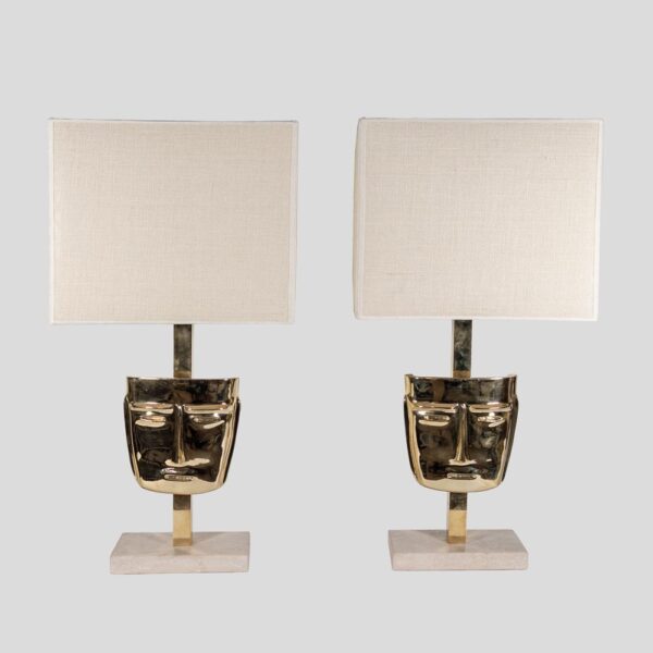 Pair of vintage brass sculpture face mask table lamps