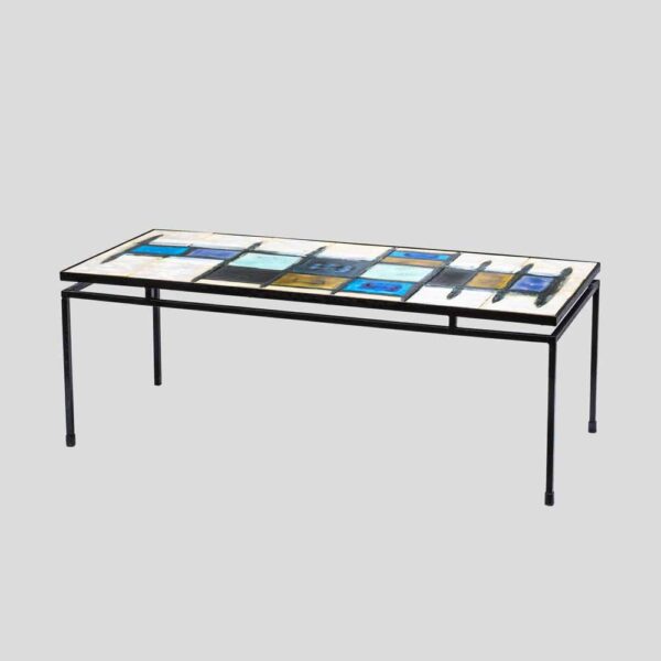 J. Belarti abstract ceramic top on wrought iron structure coffee table