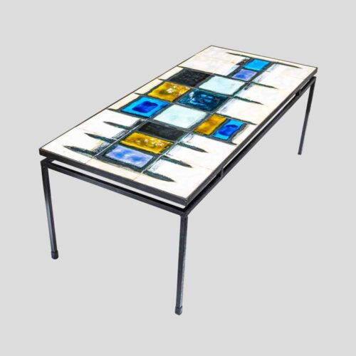 J. Belarti abstract ceramic top on wrought iron structure coffee table