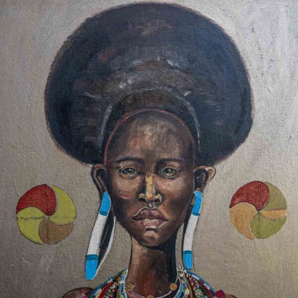 An oil painting of a portrait of an African tribal lady by Etiennette Johan