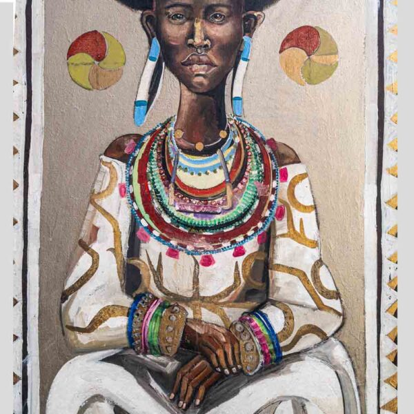 An oil painting of a portrait of an African tribal lady by Etiennette Johan