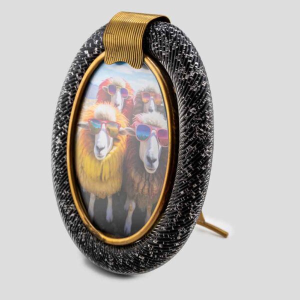 Oval Black Murano Glass Picture Frame with Silver Inclusions