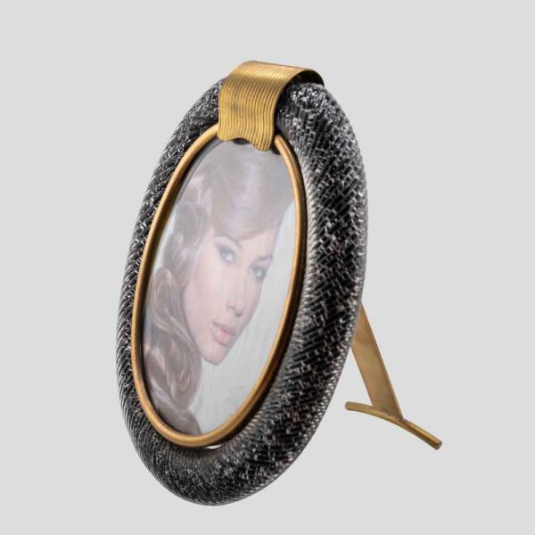 Oval Black Murano Glass Picture Frame with brass decor