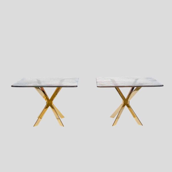 Pair of smoke amber glass gold plated metal base side tables