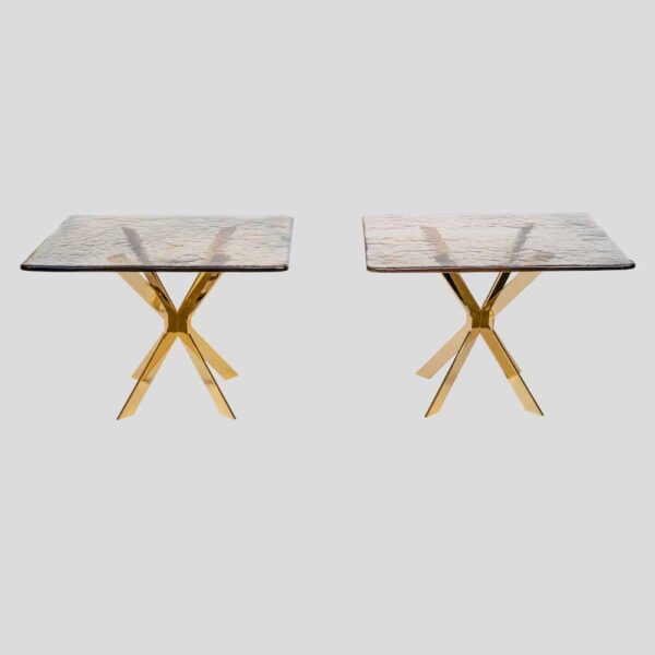 Pair of smoke amber glass gold plated metal base side tables