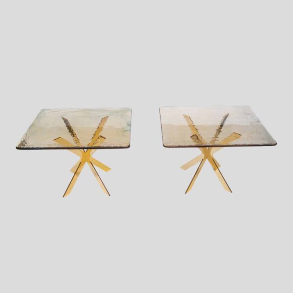 Pair of smoke amber glass gold plated metal base side tables