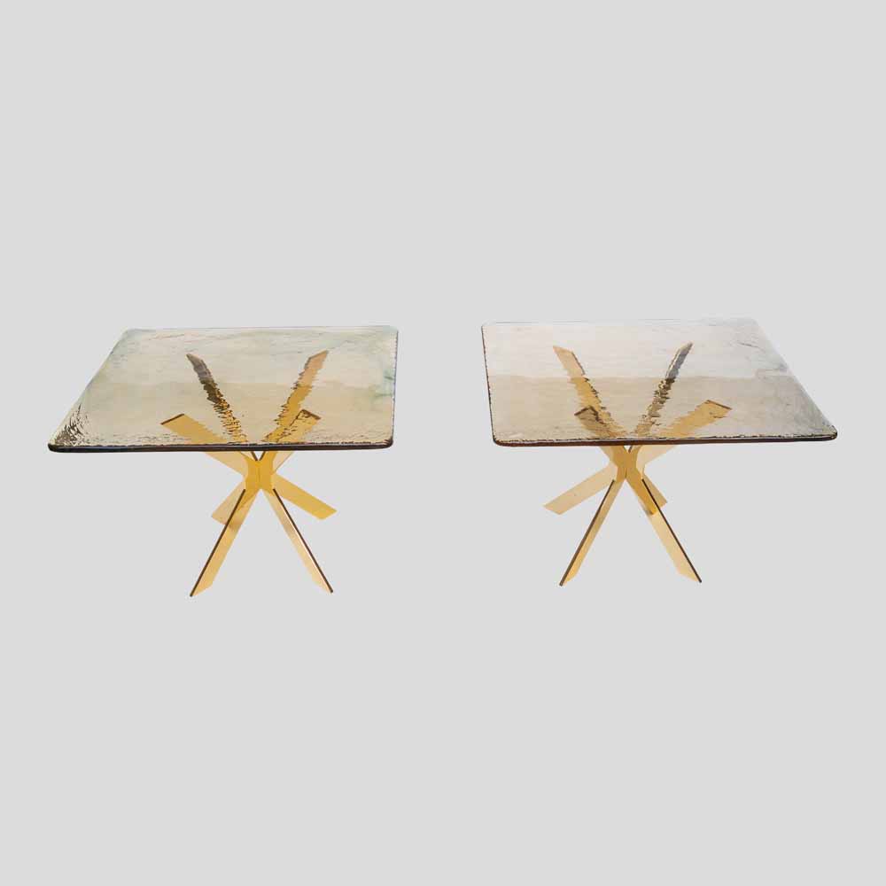 Pair of smoke amber glass gold plated metal base side tables-FM2532 (7)