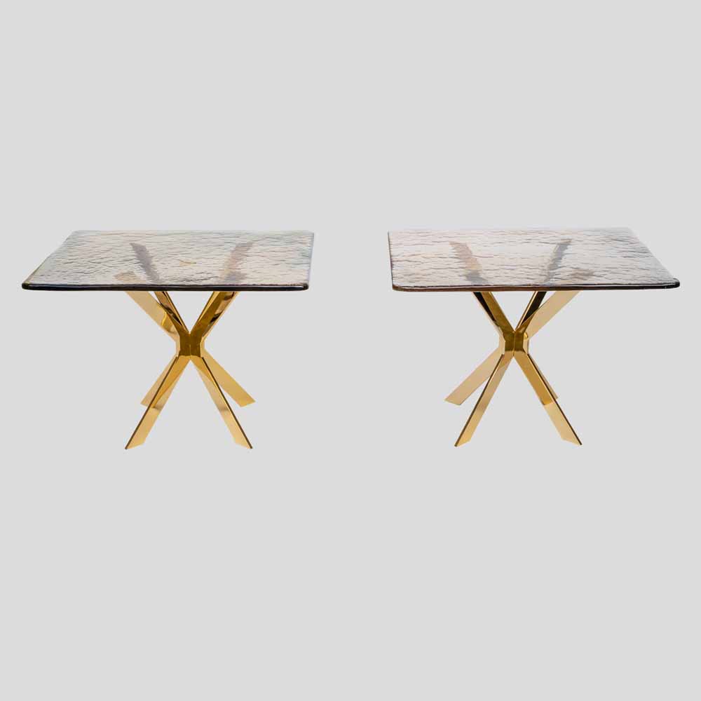 Pair of smoke amber glass gold plated metal base side tables-FM2532