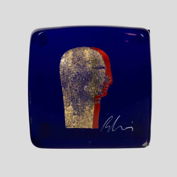 Silvio Vigliaturo Signed Murano Cobalt Blue Glass Block Sculpture with Gold Leaf Profile