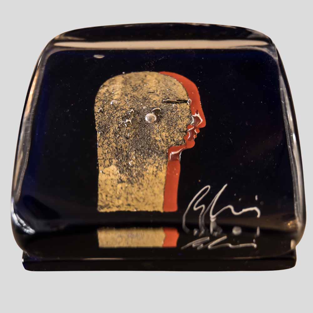 Silvio Vigliaturo Signed Murano Cobalt Blue Glass Block Sculpture with Gold Leaf Profile-FM2558 (3)