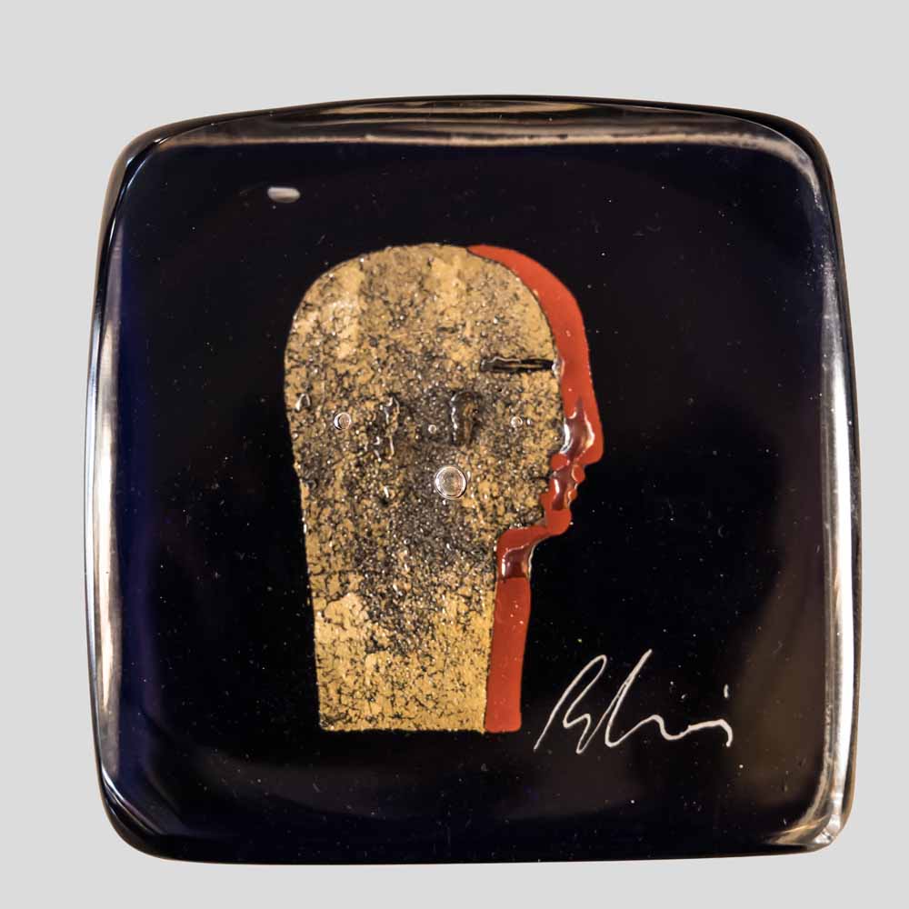 Silvio Vigliaturo Signed Murano Cobalt Blue Glass Block Sculpture with Gold Leaf Profile-FM2558 (4)