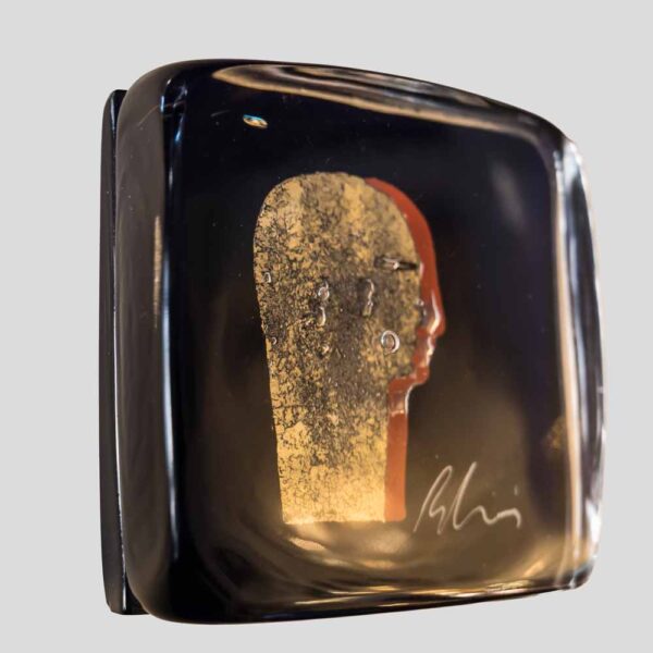 Silvio Vigliaturo Signed Murano Cobalt Blue Glass Block Sculpture with Gold Leaf Profile