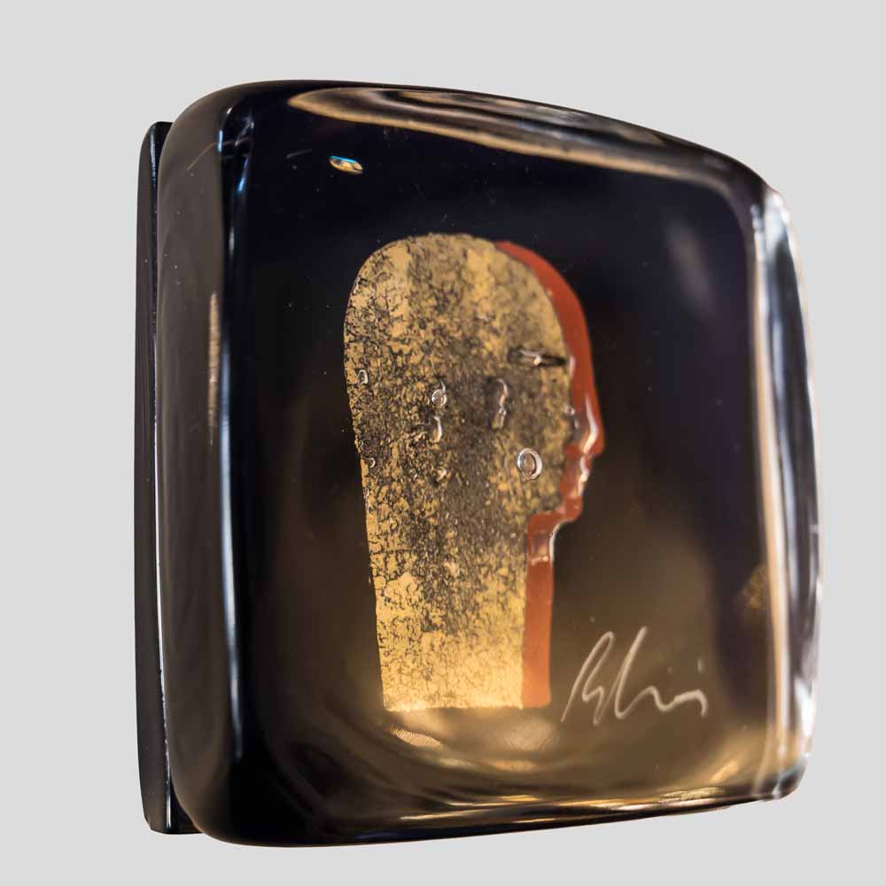 Silvio Vigliaturo Signed Murano Cobalt Blue Glass Block Sculpture with Gold Leaf Profile-FM2558 (5)